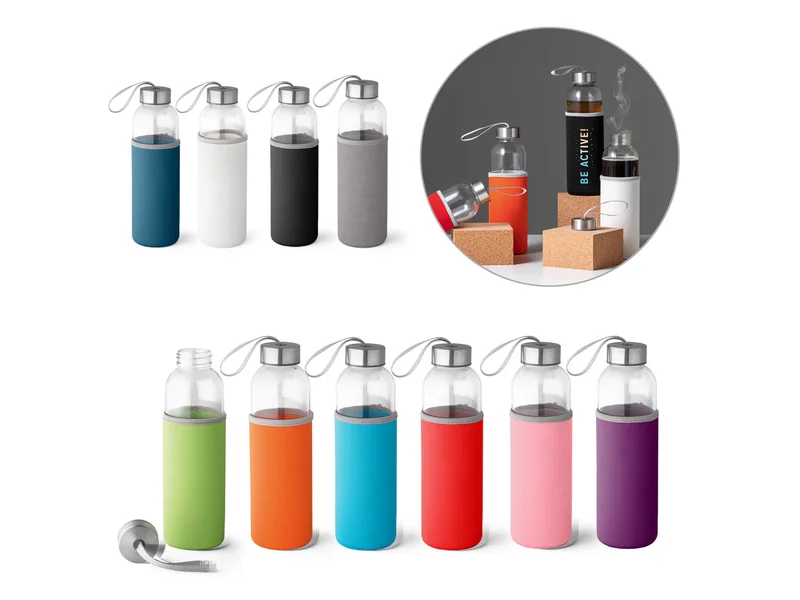 Botellas de vidrio de 520 ml con funda de tela en varios colores personalizadas - UnimarcaPY