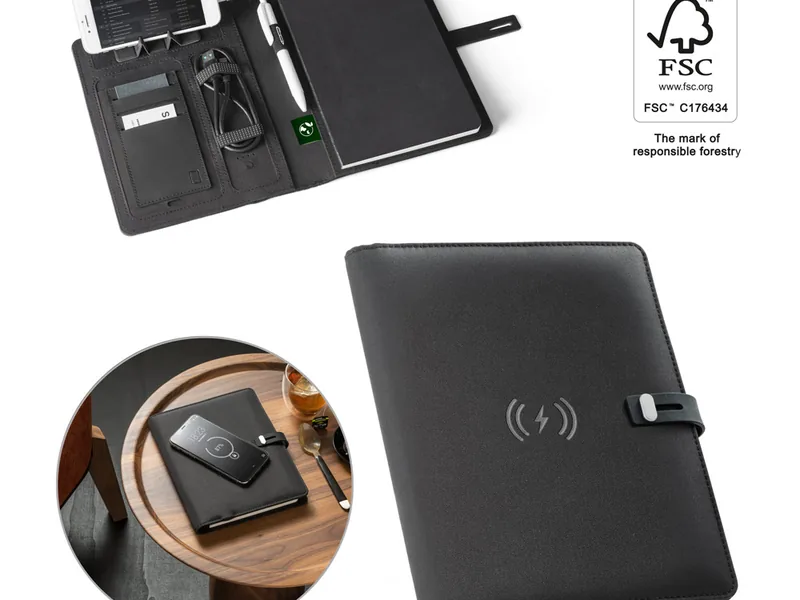 Carpeta A5 de poliéster reciclado con cargador inalámbrico de 5000 mAh personalizada - UnimarcaPY