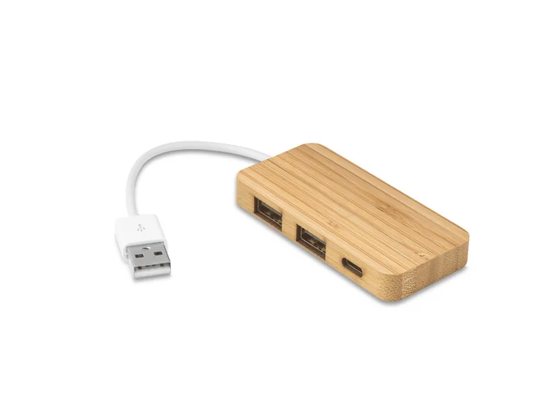Hub USB de bambú con dos puertos USB-A y uno USB-C personalizado - UnimarcaPY