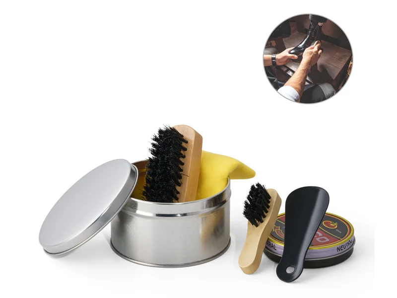 Kit limpiazapatos de 6 piezas en caja metálica personalizado - UnimarcaPY