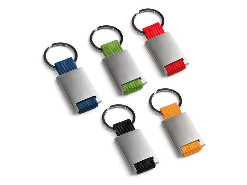 Llaveros de metal con cincha de tejido en varios colores grabados a láser - UnimarcaPY