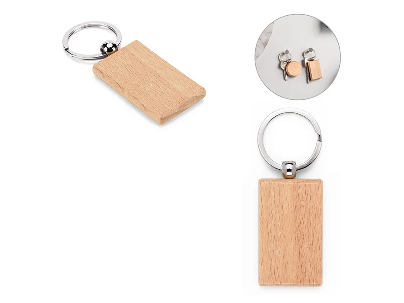 Llavero rectangular de madera de haya con anilla de metal personalizado - UnimarcaPY