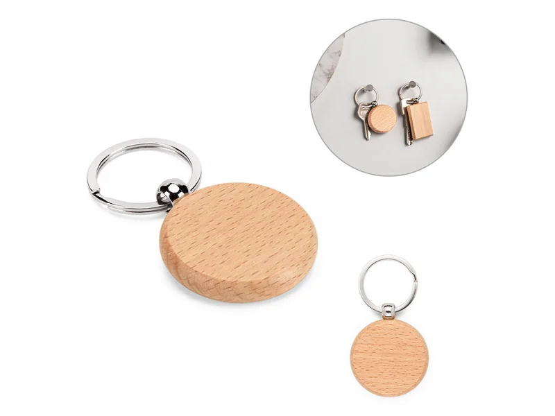 Llavero redondo de madera de haya con anilla de metal personalizado - UnimarcaPY
